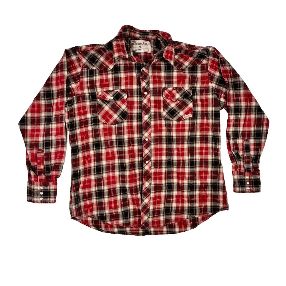 Wrangler Western Shirt Mens XL Red Plaid Flannel Pearl Snap Wrancher Cowboy Logo